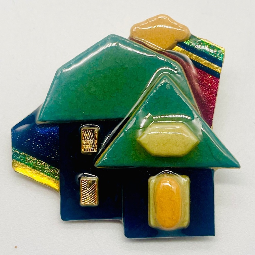 Lucinda House Pins Cottage Brooch Multi-Color‎ Resin Art Glass Style 1.75"